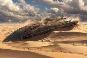 Crashed spaceship buried in desert sand dunes under cloudy sky photo