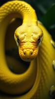 A close up of a yellow snake with its head turned to the side photo