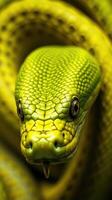 A close up of a green snake with its head turned to the side photo