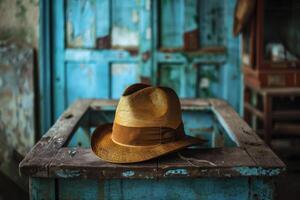 Panama hat resting on weathered table in rustic setting photo