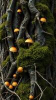 A tree with moss and mushrooms growing on it photo