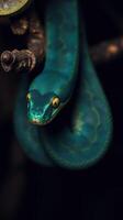 A green snake with yellow eyes photo