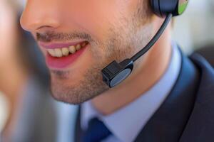 Close up of smiling call center operator wearing headset photo