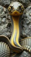 A yellow and black snake with its head up photo