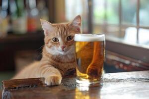 Ginger cat reaching for pint of beer in pub, photo