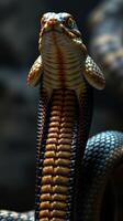 A close up of a snake with its head up photo