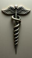 Medical symbol caduceus with snake and wings on a gray background photo