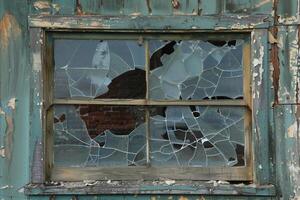 Broken window in abandoned building showing brick wall behind photo