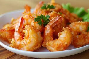 Crispy fried shrimp decorated with parsley on white plate photo