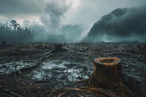 Deforestation creating muddy landscape with tree stumps and dramatic sky photo