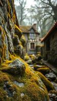 A moss covered rock wall photo