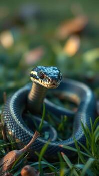 A snake is sitting on the grass with its mouth open photo