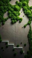 A green wall with stairs and moss growing on it photo