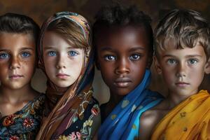 Four children of different ethnicities showing diversity and multiculturalism photo
