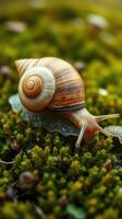 A snail is walking on a moss covered surface photo