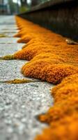 A line of yellow flowers growing on the side of a road photo