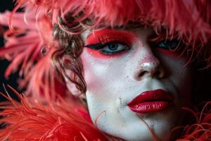 Model showing artistic red makeup and fluffy boa photo