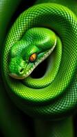 A green snake with its head up on a black background photo