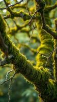 A close up of a moss covered tree branch photo