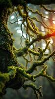 A tree with moss and branches in the forest photo