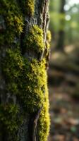 A close up of moss growing on a tree trunk photo