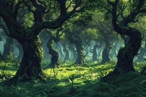 Lush green forest with twisted trees creating enchanting canopy photo