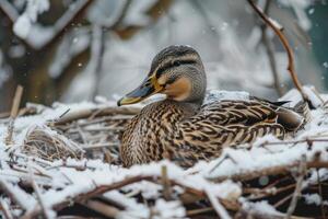 Female mallard duck resting in nest during gentle snowfall photo