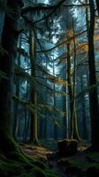 A forest with trees and mossy ground photo