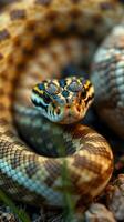 A close up of a snake with its head turned to the side photo