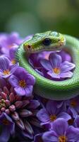 A green snake is sitting on top of purple flowers photo