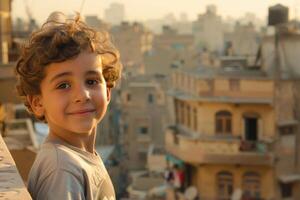 Portrait of smiling child with bright cityscape in background during golden hour photo