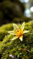 A yellow flower sits on top of a mossy green surface photo