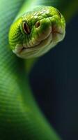 A green snake with its head up and looking at the camera photo