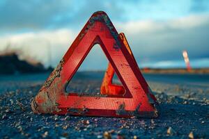 Warning triangle signalling a broken down car on a road at sunset photo