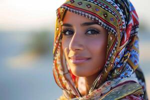 Beautiful muslim woman wearing colorful headscarf smiling in the desert photo