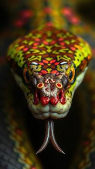 A close up of a snake with colorful patterns photo