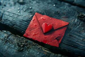 Red envelope with heart resting on wet wooden surface symbolizing love and romance photo