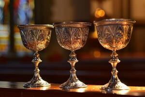 Three ornate chalices resting on altar in church sanctuary photo
