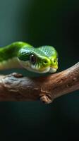 A green snake is sitting on a branch photo