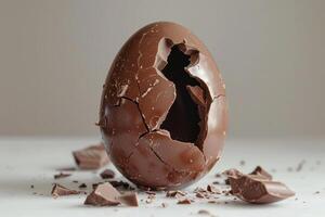 Broken chocolate easter egg showing its delicious inside on white surface photo
