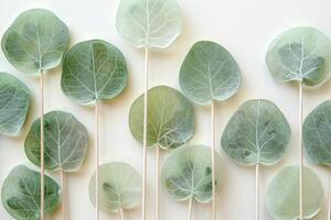 Delicious eucalyptus lollipops creating a beautiful pattern on a white background photo