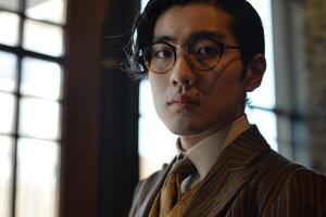 Serious businessman wearing stylish round glasses and suit posing by window photo