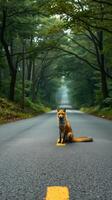A fox sitting on the side of a road photo