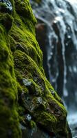 A person sitting on a rock next to a waterfall photo