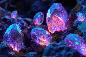 Glowing multicolored crystals growing from dark rocks in a cave photo