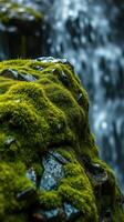 A close up of moss on a rock by a waterfall photo