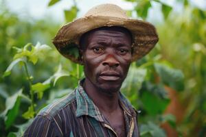 African farmer wearing straw hat standing in a cotton field photo