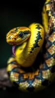 A yellow and black snake with its tongue out photo