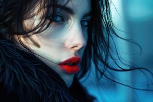 Fashion model showing intense red lipstick and fur coat in cinematic lighting photo