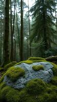 A rock covered in moss in a forest photo